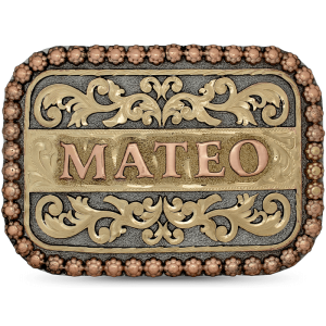 A custom men's belt buckle with personalized name built on a silver matted base adorned with bronze scrolls and berries 